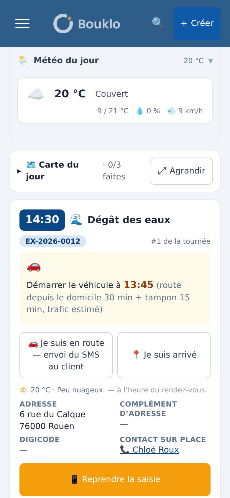 Bouklo sur un téléphone : la météo du jour et celle de chaque chantier